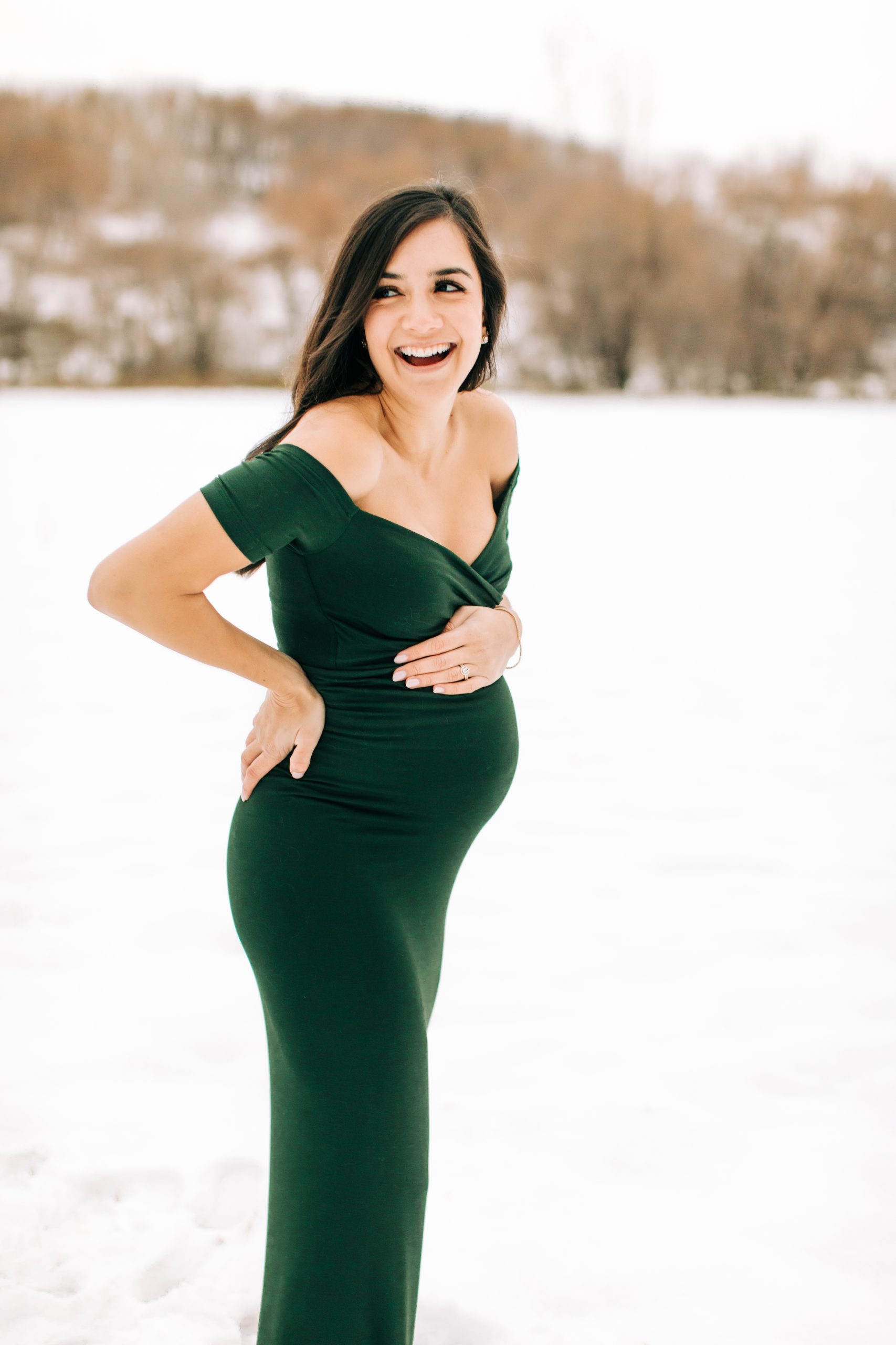 Maternity Photoshoot Wearing Green Maternity Dress-12